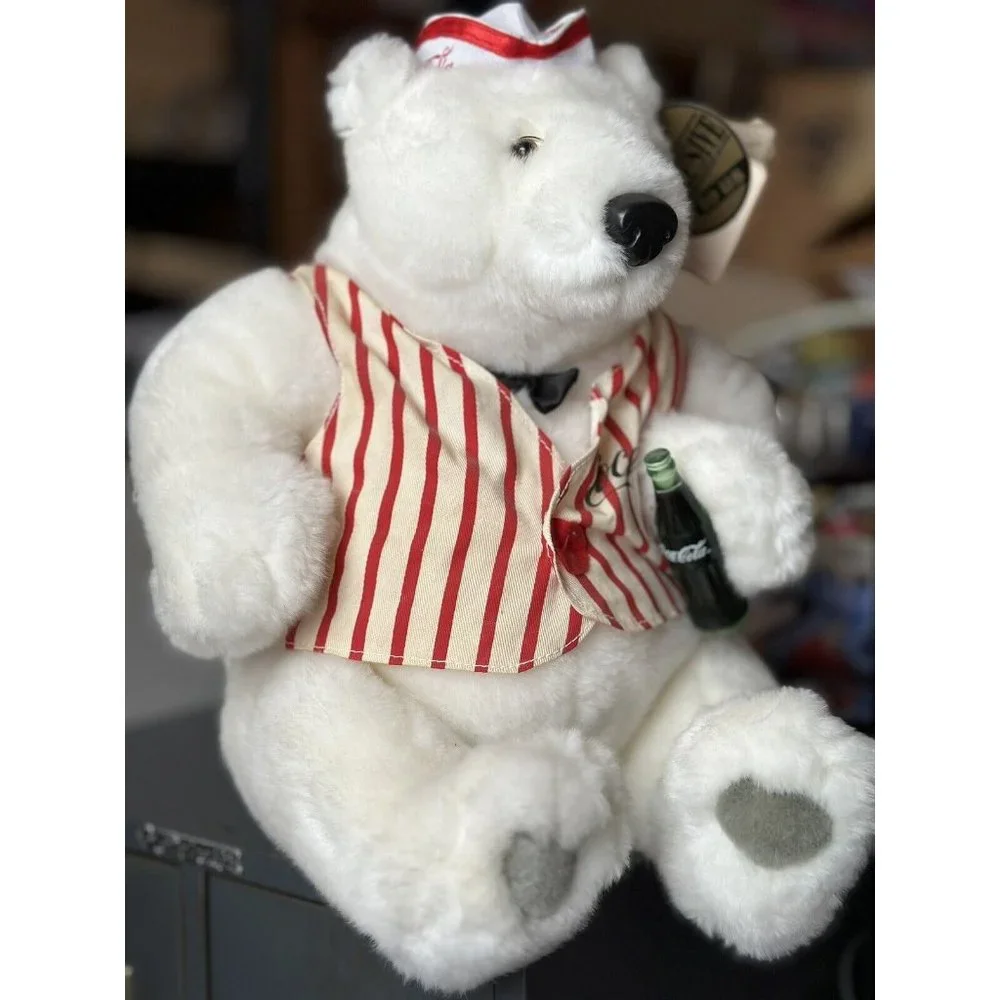 1998 Coca‎ Cola Polar Bear Plush Soda jerk Hat Vest & Coke Bottle Original Tags